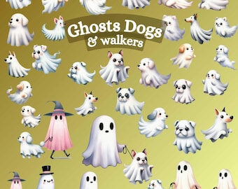 21 Watercolor Ghost walking dog walkers png designs bundle , ghost pets, Halloween ,Sticker decal set , graphic design sublimation clipart