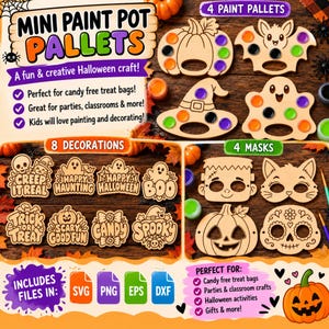 May include: A set of wooden Halloween crafts including four paint palettes shaped like a pumpkin, bat, witch hat, and ghost, eight decorative signs with text, and four masks featuring Frankenstein, a cat, pumpkin, and skull designs.