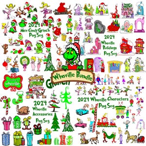 Nouveau lot png 2024 lunatique Noël svg, panneau de bienvenue, ville de Noël, cindy lou, personnages de patinage, décoration de bâtiments de ville, qui ville
