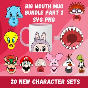 Big mouth mug Templates part 2, cup bottom Sublimation mugs Cartoon Characters bundle, face teeth Funny Viral mugs instant download SVG PNG