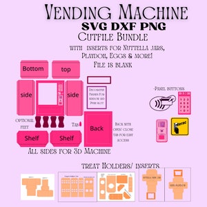 May include: A digital cut file bundle for a vending machine with inserts for Nutella jars, Play-Doh, eggs, and more. The file includes all sides of the machine, including the bottom, top, sides, back, shelf, and optional feet. The file also includes treat holders and inserts for different items. The file is blank, so you can customize it to your liking.