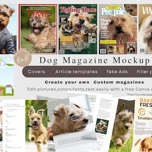 Könnte beinhalten: Ein Mockup mit Hunde-Magazin-Covern und Innenseiten, die Zeitschriften wie "TIME" und "Vanity Fur" parodieren. Das Bild enthält Text: "Dog Magazine Mockup" und "Create your own Custom magazines".