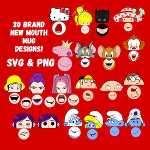 May include: A red background features 20 cartoon mouth designs for mugs, including Hello Kitty, Batman, and Peppa Pig. The text reads "20 BRAND NEW MOUTH MUG DESIGNS! SVG & PNG."