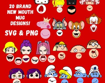 New Big Mouth mug bottom Templates face Sublimation mugs Cartoon Characters bundle,cup  smile teeth Funny Viral mugs SVG PNG clip art lips