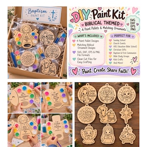 May include: A DIY baptism paint kit containing wooden ornaments and paint palettes with religious text and illustrations. The set includes various shapes like fish, books, and angels, along with paint pots and brushes for crafting projects.