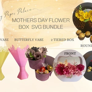 Mothers day box bundle, 4 styles, flower vase, butterflies, bees, roses svg box template bundle, bouquet box bundle, rolled flowers leaves