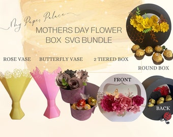 Mothers day box bundle, 4 styles, flower vase, butterflies, bees, roses svg box template bundle, bouquet box bundle, rolled flowers leaves