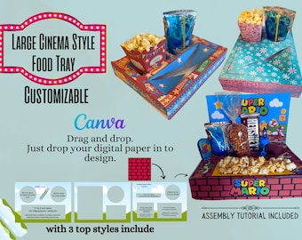Movie tray template , Canva party favor movie box template bundle, cinema tray, snack box , packaging for candy, stadium food