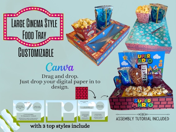 Movie tray template , Canva party favor movie box template bundle, cinema tray, snack box , packaging for candy, stadium food