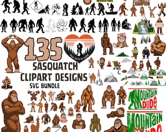 May include: A set of 135 digital clipart designs featuring a variety of illustrations of Bigfoot, also known as Sasquatch. The designs include different poses, expressions, and activities, such as hiking, fishing, and holding a baby. The text "135 Sasquatch Clipart Designs SVG Bundle" is included in the image.