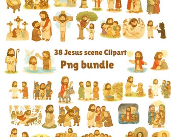 Jesus scene bundle, watercolor Cartoon Characters , bible study stories , transparent background, PNG kids Christian clip art, Vbs art work