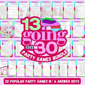 13 aan de gang 30 partygames, pdf-png digitaal papier, Poise & Sparkle Magazine-kunst, doe-het-zelf achtergronden posters voor feestdecor, 30e verjaardag