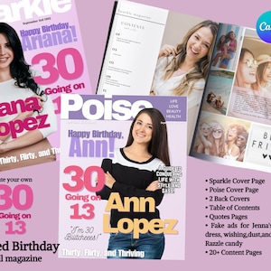 13 going on 30 Party Theme, Poise Magazines and  Covers Template, Poise & Sparkle , Custom Magazine Cover, DIY Canva Template, drag and drop