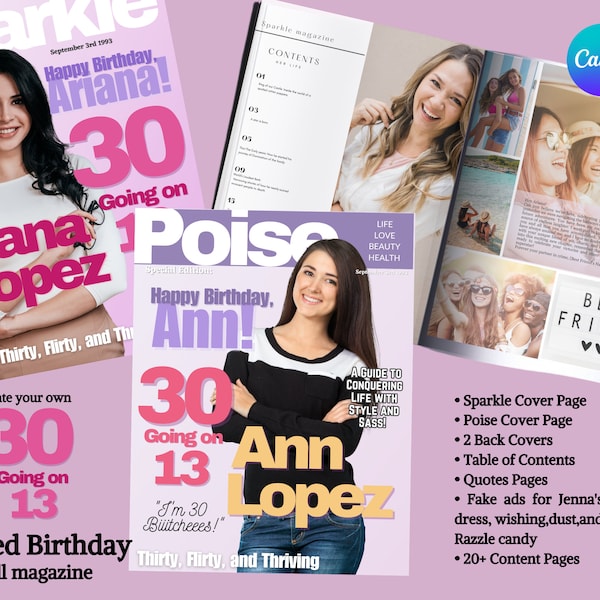 13 going on 30 Party Theme, Poise Magazines and  Covers Template, Poise & Sparkle , Custom Magazine Cover, DIY Canva Template, drag and drop