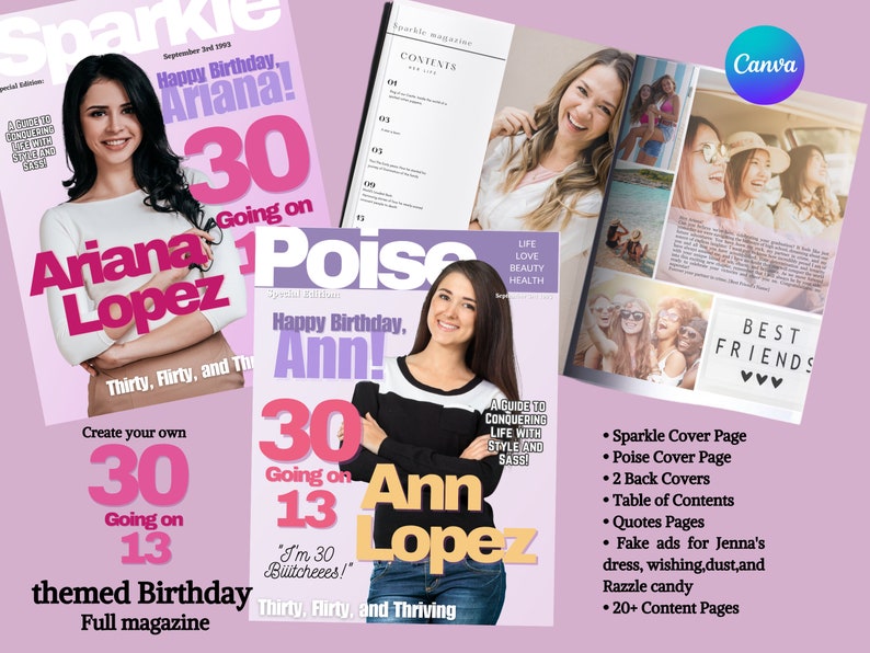 May include: A pink and white magazine cover with the text "Sparkle" and "Happy Birthday, Ariana!"  The magazine cover features a photo of a woman with long dark hair. The text "30 Going on 13" is in large pink letters.
