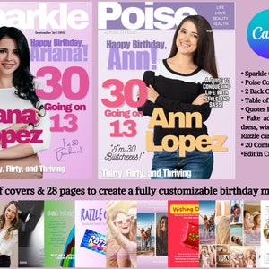 13 going on 30 Party Theme, Poise, Sparkle Magazines and Covers Template, back to school, THIRTY, FLIRTY & THRIVING parody Magazine Cover,