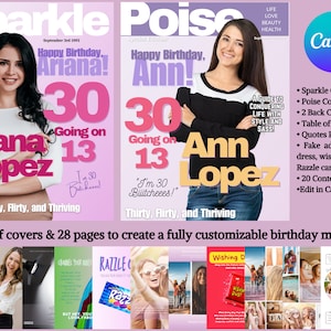 13 going on 30 Party Theme, Poise, Sparkle Magazines and Covers Template, back to school, THIRTY, FLIRTY & THRIVING parody Magazine Cover,