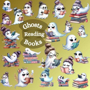 May include: A collection of cute ghost illustrations reading books. The ghosts are white with different coloured accents and are holding various books. The text "Ghosts Reading Books" is in the centre of the image.