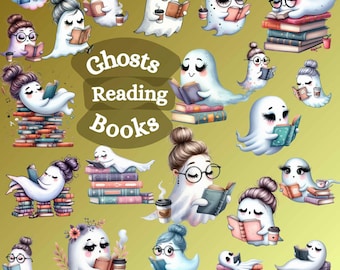 21 Watercolor cute Ghosts reading png designs bundle ,baby shower, library Halloween ,Sticker decal set , graphic design, girl ghoul booktok