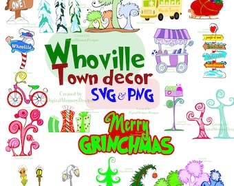 Whimsical Christmas trees, town decorations svg png bundle, welcome sign, village silhouette clipart, layered svg files