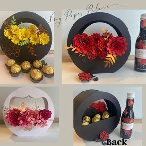 Bundle svg cercle boîte-cadeau, avec fleurs roulées, feuilles, papillons, ensemble d'abeilles, panier rond svg, lignes de partition cricut, tirets, bouquet
