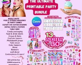13 going on 30 Party Bundle, Printable cake toppers ,Poise & Sparkle  Magazine, games, DIY invites and party hats 30th birthday banner decor