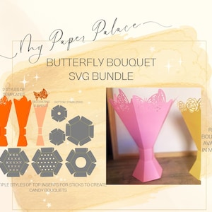 Butterfly bouquet vase svg, paper Flower bouquet, candy bouquet, cricut score lines, dash score lines, inserts and decor sections