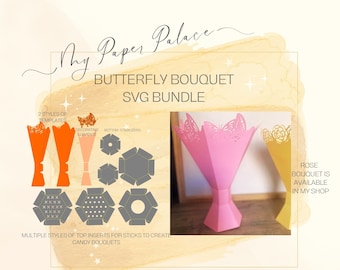 Butterfly bouquet vase svg, paper Flower bouquet, candy bouquet, cricut score lines, dash score lines, inserts and decor sections