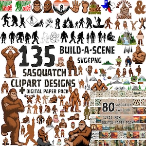 135 Bundle de cliparts Svg en couches Bigfoot Big Foot, papier numérique png Sasquatch Construire une scène, ensemble d'autocollants, camping, homme de la montagne