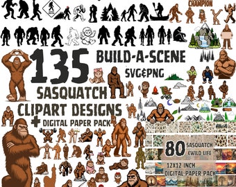 May include: A digital clipart pack featuring 135 illustrations of a sasquatch, or Bigfoot, in various poses and settings. The pack also includes 80 digital papers with a sasquatch and wild life theme. The digital papers are 30.5 x 30.5 cm.