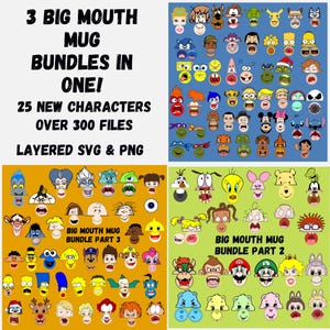 300 Huge Big Mouth mug bottom Templates face Sublimation mugs Cartoon Characters bundle, cup  smile teeth Funny Viral mugs SVG PNG clip art