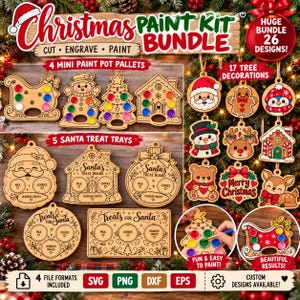 May include: A Christmas paint kit bundle featuring 26 wooden designs, including 4 mini paint pot palettes, 5 Santa treat trays, and 17 tree decorations. The set includes various shapes like snowmen, trees, and ornaments.