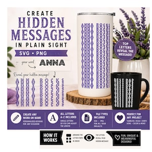 May include: A digital design file set for creating hidden messages in plain sight, featuring purple letter strips that spell ANNA ROCKS. Includes SVG and PNG file types, instructions for arranging letter strips, and examples on a white tumbler and black mug.