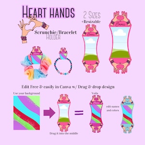 以下が含まれることがあります： スクランチーまたはブレスレットホルダー用の印刷可能なデザインが2つあります。デザインは、ハートの形をした2つの手を特徴とし、その中に「Emma」という文字が書かれています。デザインは、名前や色をカスタマイズできます。画像は、Canvaでデザインを使用する方法を示しています。