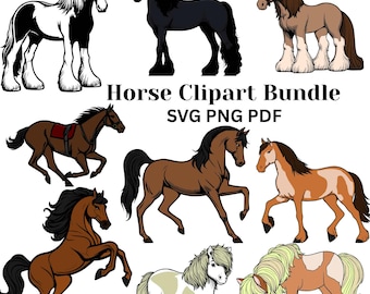 Realistic colored layered cartoon Horse svg png bundle, silhouette clipart files, Arabian, clydesdale, Friesian, paint horse, miniature pony