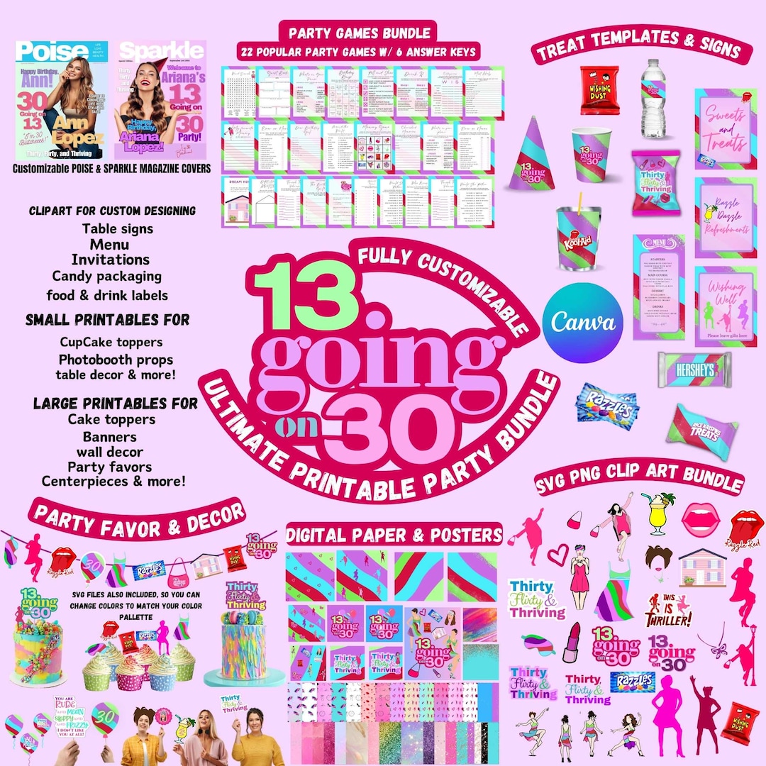 13 Going on 30 Ultimate Party Bundle, Printable Clipart Paper ,poise