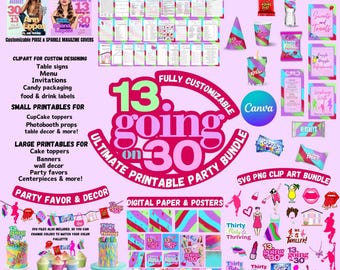 Paquete de fiesta definitivo para 13 personas que cumplen 30 años, papel para clipart imprimible, revista Poise & Sparkle, juegos, invitaciones y decoración para fiestas, cumpleaños número 30