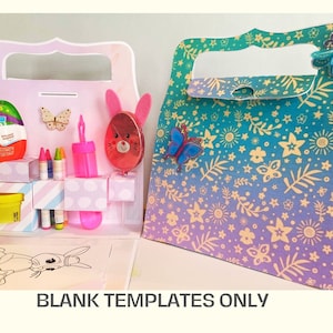 May include: Two blank, pastel-colored, cardboard gift bags with handles. The bag on the left has a pink and white design with a cutout for a handle. The bag on the right has a blue, green, and purple ombre design with a butterfly and dragonfly embellishment. Both bags are decorated with floral patterns.