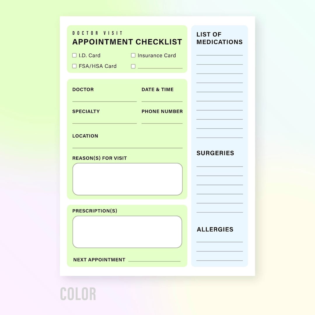 Doctor Appointment Checklist and Form Etsy