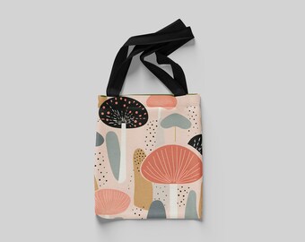 Mushroom Magic Tote Bag, Abstract Pastel Pattern, Minimalist Chic with a Stylish Vintage Twist, Simple Design, Soft Colors, Mushroom Tote