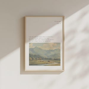 Arte de parede com versículo bíblico do Salmo 30:5, estilo vintage cristão, "A alegria vem com a manhã", arte cristã, download digital.