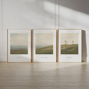 May include: A triptych of framed art prints. Each print displays a landscape scene in muted tones. The first print is labelled "THE WAY", the second "THE TRUTH", and the third "THE LIFE".