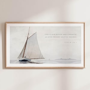 Puede incluir: Una pintura de acuarela de un velero en el agua con el texto "GOD IS OUR REFUGE AND STRENGTH, AN EVER-PRESENT HELP IN TROUBLE. PSALM 46:1" en la esquina superior derecha.