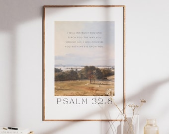 Psalm 32:8, Bible Verse Print, Bible Wall Art, Christian Printable, Vintage Christian Art, Scripture Printable, Landscape Art Bible Verse