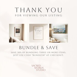 May include: Image featuring three framed art prints with a light background. The top text reads "THANK YOU FOR VIEWING OUR LISTING". Below, the text "BUNDLE & SAVE" is displayed. The bottom text reads "SACRED WORDS STUDIO".
