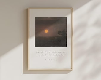 Psalm 4:8 Bible Verse Print, Christian Bedroom Printable, Vintage Christian Art, Nightly Devotional Scripture, Landscape Art Scripture