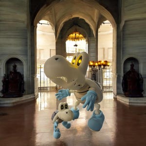 May include: Two white skeletal figures with glowing yellow eyes, wearing blue gloves and shoes, stand on a marble floor. The larger figure is holding its arms out, while the smaller figure is walking towards the viewer.