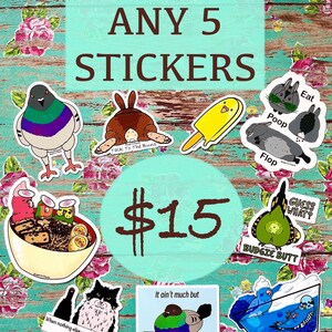ANY 5 Bundle Funny cute vinyl waterproof weatherproof laptop journal stickers | Sticker Pack | bird bunny animal meme dessert foodie sticker