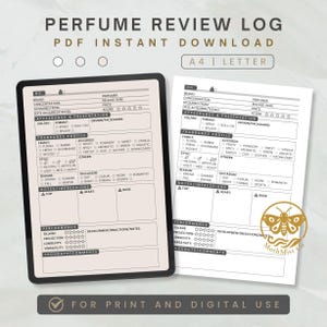 May include: A digital perfume review log on a black tablet and a white paper sheet. The log includes sections for brand, concentration, and fragrance profile. The text "PERFUME REVIEW LOG PDF INSTANT DOWNLOAD" is at the top.