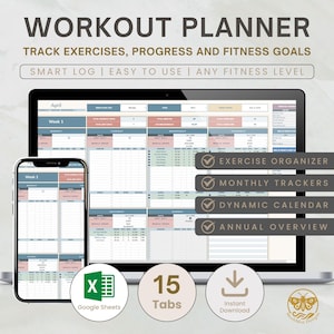 May include: A digital workout planner displayed on a laptop and smartphone. The planner includes sections for tracking exercises, progress, and fitness goals. Features include an exercise organiser, monthly trackers, a dynamic calendar, and an annual overview. Compatible with Google Sheets.